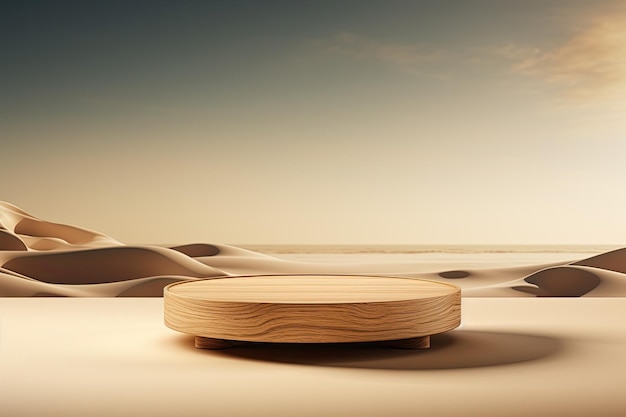 wooden display on desert background Generative ai