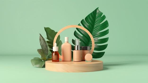 A wooden display of perfumes and a leaf on a green background