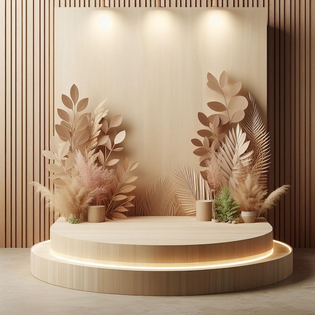 Wooden Display Podium with Plants and Wooden Wall