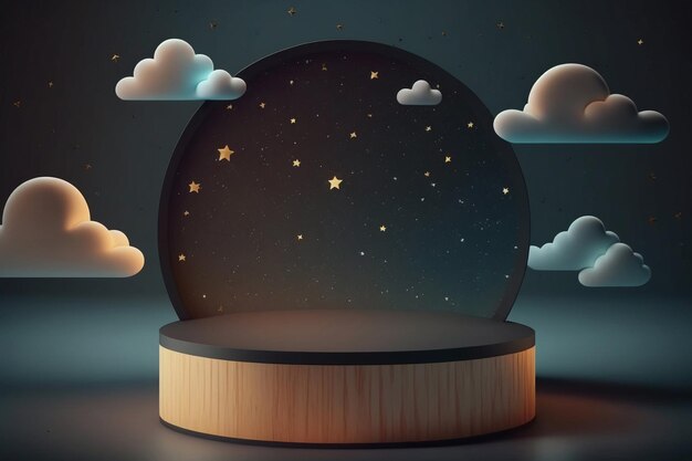 Wooden display podium with starry sky arch and cartoon cloud background template Generative AI