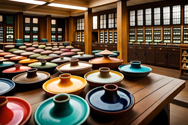 A wooden display of pottery in a wooden room with a large window behind it