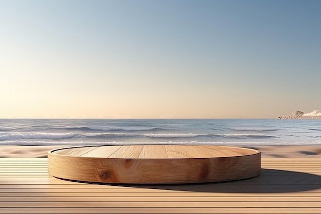 Wooden display on the sea beach for product Generative ai
