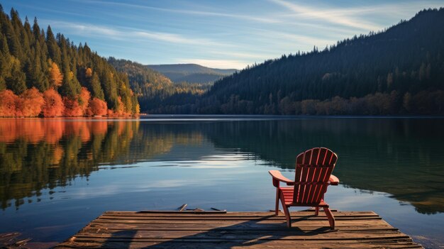 Wooden dock extending into a calm lake in the mountains with an Adirondack chair at the end of the dock