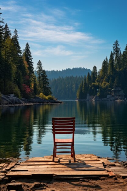 Wooden dock extending into a calm lake with a red chair at the end of the dock surrounded by trees