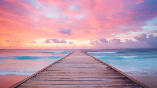 Photo wooden dock extending into the ocean at sunset