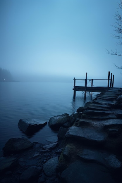 Wooden dock extending out into a calm lake on a foggy day