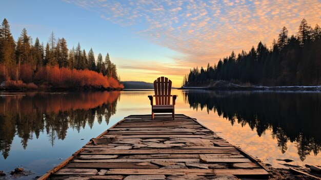 Wooden dock extending out into a calm lake with a wooden Adirondack chair at the end of the dock and trees and mountains in the background