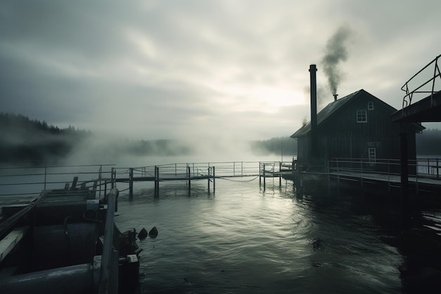 Wooden dock hut on lake with morning fog