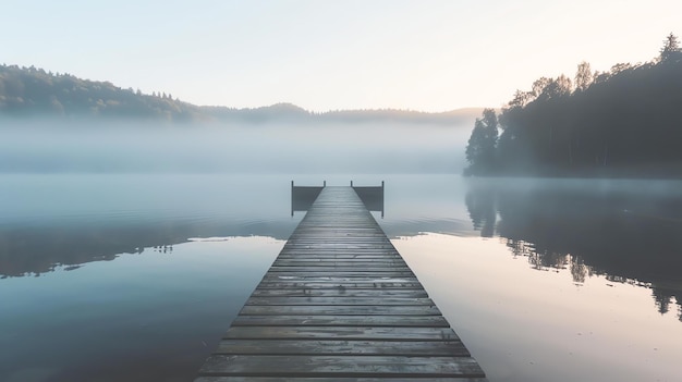 Photo the wooden dock is surrounded by a thick fog the water is still and there is no wind