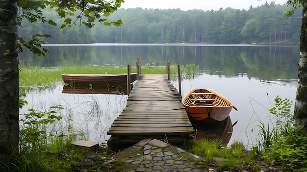 A wooden dock juts out into a calm lake on a foggy summer morning