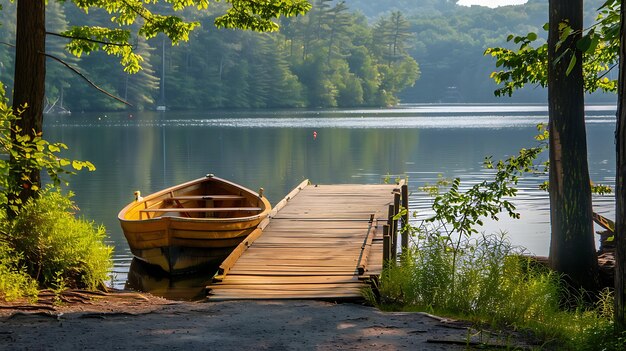 A wooden dock juts out into a calm lake on a sunny day A small rowboat is tied to the dock Trees and foliage line the shore