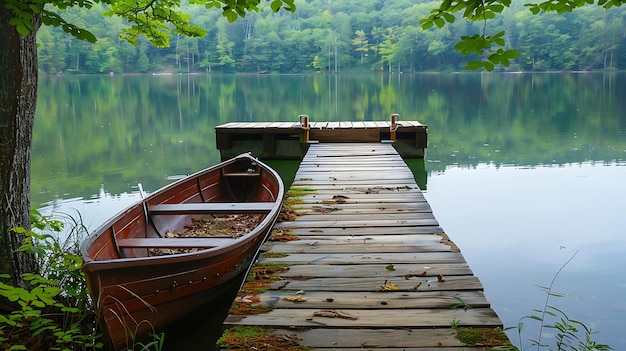 A wooden dock juts out into a calm lake surrounded by lush green trees A small boat is tied to the dock and the water is crystal clear