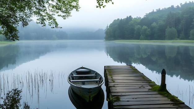 A wooden dock juts out into a still lake on a foggy morning A boat is tied to the dock Trees rise up from the far shore