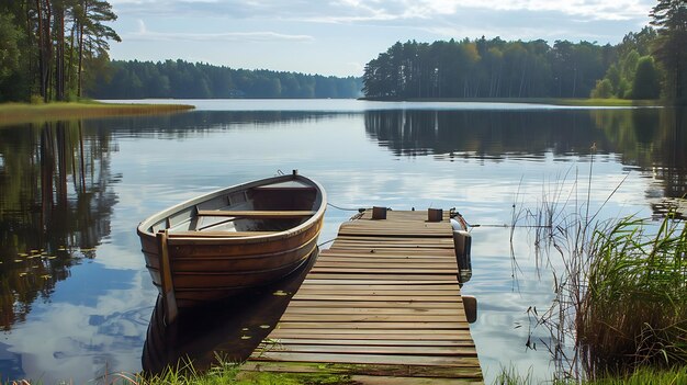 The wooden dock juts out into the still lake a single boat tethered to it The water is calm and clear reflecting the sky above