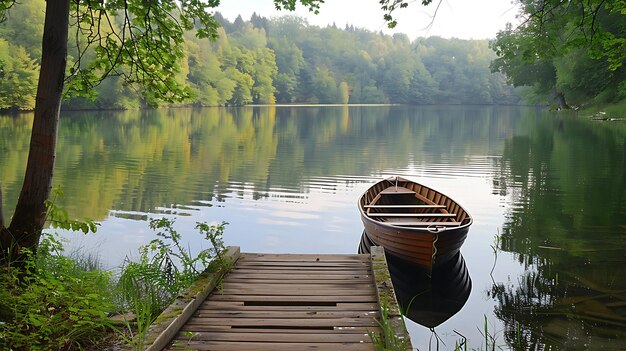 The wooden dock juts out into the still lake surrounded by a lush forest