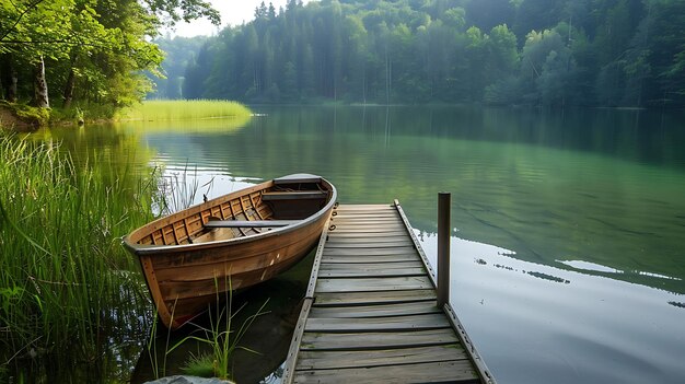 The wooden dock juts out into the still lake surrounded by lush greenery