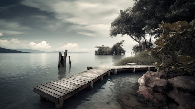 A wooden dock on a lake with a cloudy sky