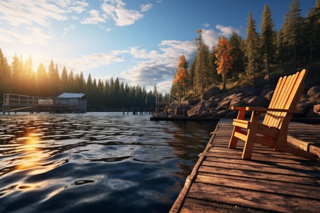 Wooden dock on a lake with a view of a cabin in the distance