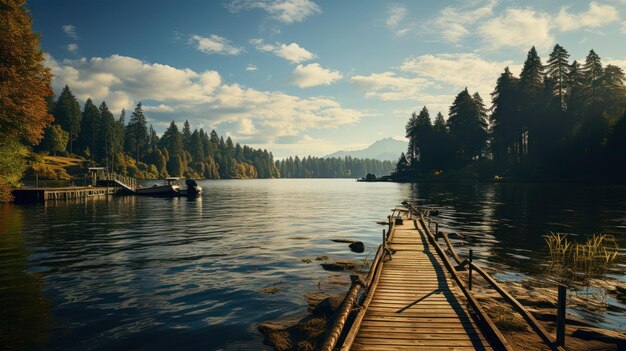 Foto molo di legno al lago