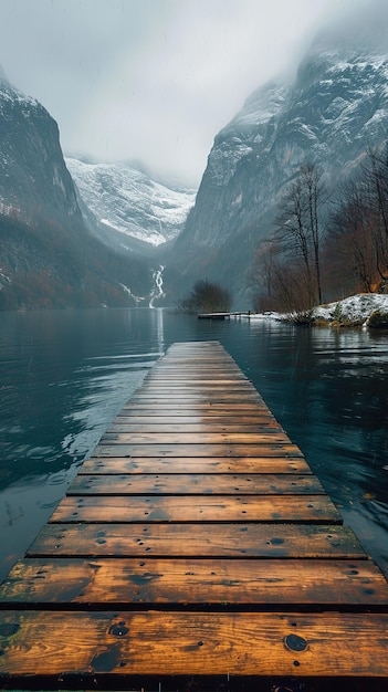 a wooden dock leads into a body