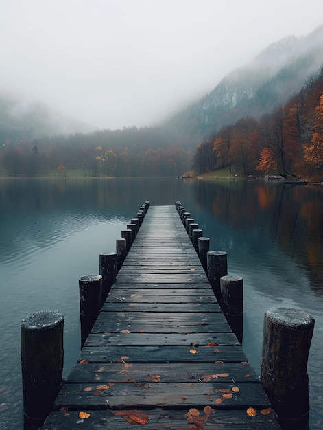 a wooden dock leads into a body