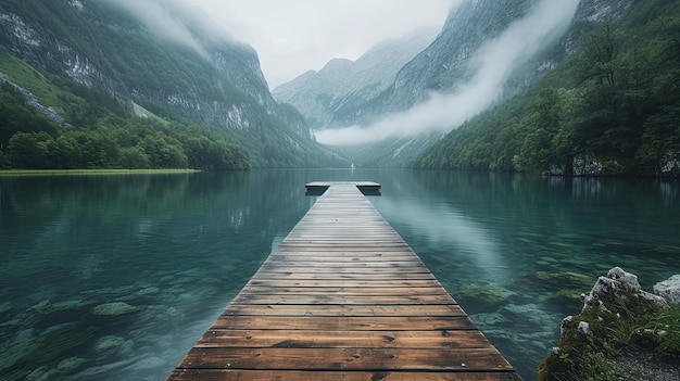 a wooden dock leads into a body