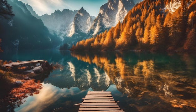 a wooden dock in a mountain lake with a wooden dock in the middle of it