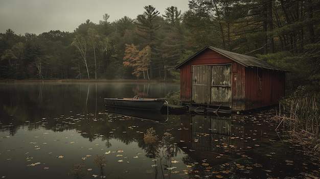 Photo a wooden dock sits on a calm lake on a foggy day surrounded by trees a small red boathouse with a white roof is on the right side of the dock