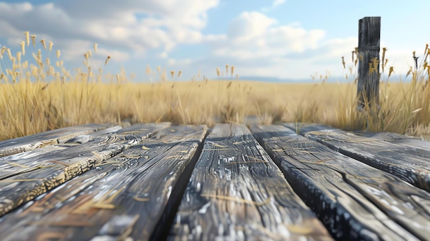Photo wooden dock in a vast field of wheat the sky is blue and cloudy the sun is shining the image is peaceful and serene