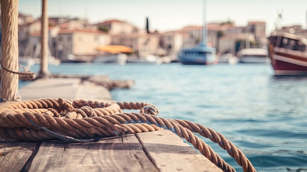 Photo a wooden dock next to the water with rope