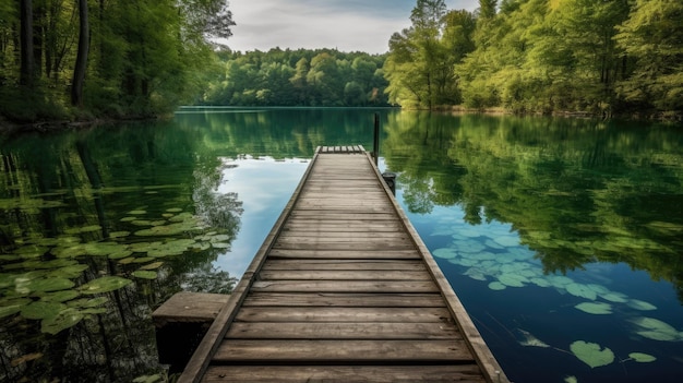 A wooden dock with a blue lake in the background