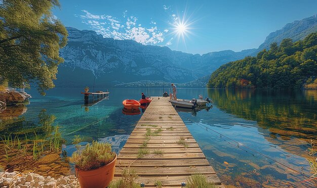 Photo a wooden dock with boats on the water and a mountain in the background