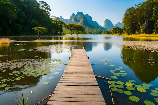 Photo a wooden dock with a lake in the background