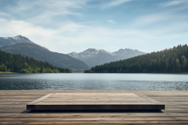 a wooden dock with a lake and mountains in the background