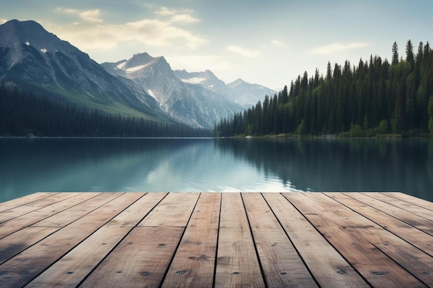 a wooden dock with a mountain backdrop and a lake in the background