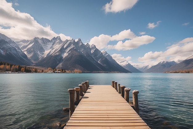 A wooden dock with mountains in the background