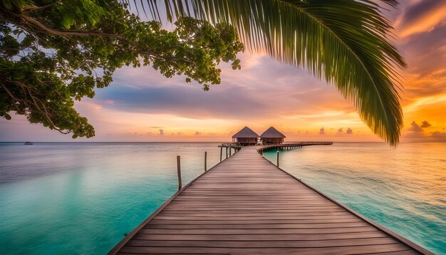 a wooden dock with palm trees and a sunset in the background