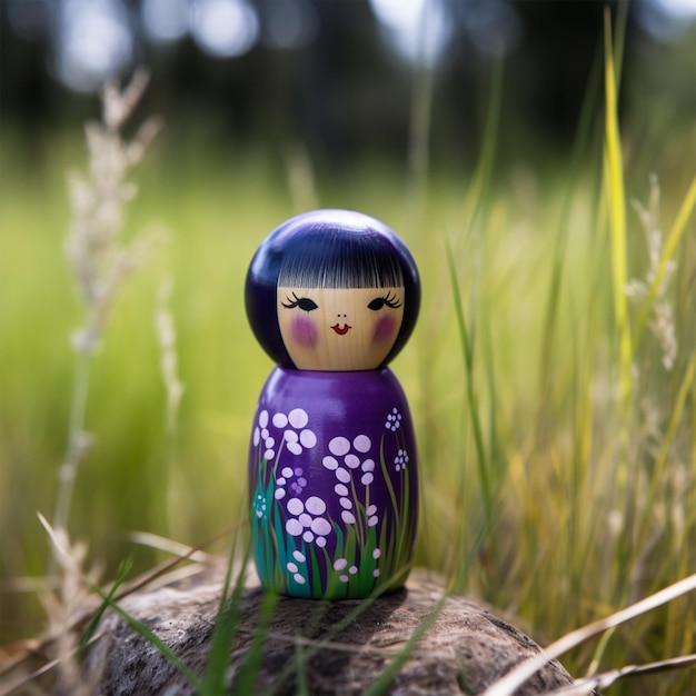 Деревянная кукла матрешка сидит на камне в поле.