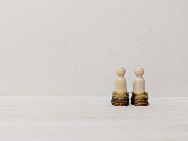Photo a wooden doll stands on an equally coin equal wage of income industry people