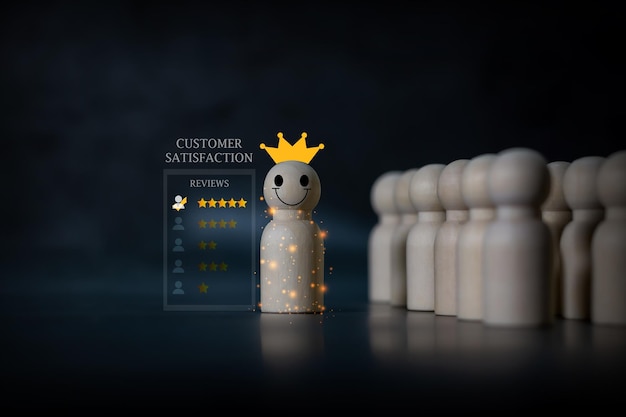 Foto bambole di legno o recensioni sulla soddisfazione del cliente con molte stelle valutazione del servizio clienti