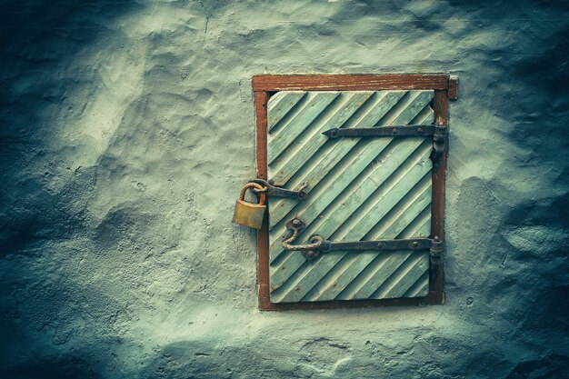 Wooden door in grunge concrete wall