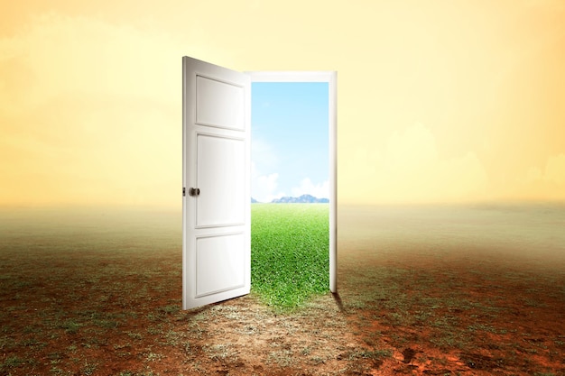 The wooden door opened for a better climate environment The transition from drought land to fertile land