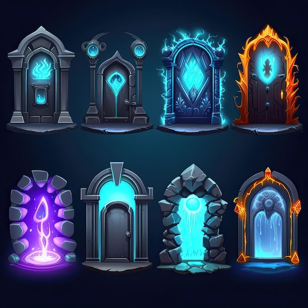 Photo wooden door portal game ai generated ui fantasy magic entrance light wooden door portal game illustration