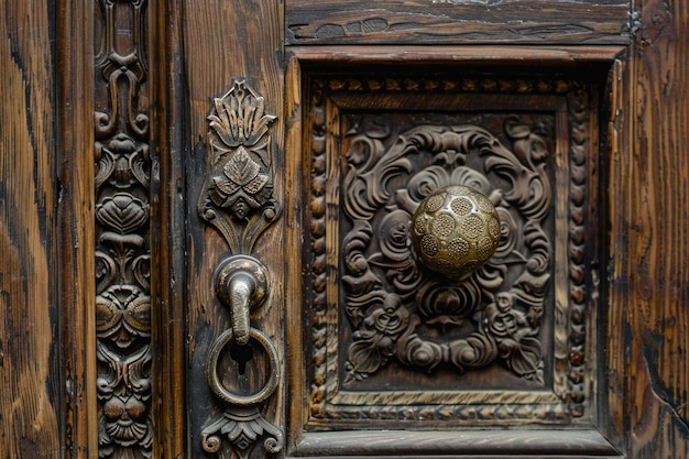 wooden door with carvings close up