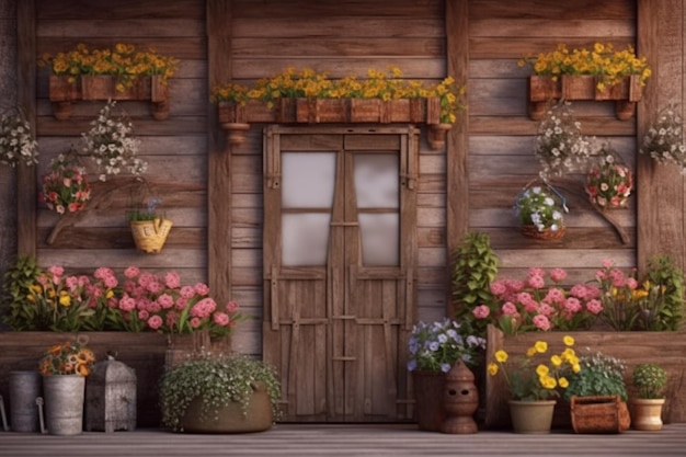 A wooden door with flowers in pots outside