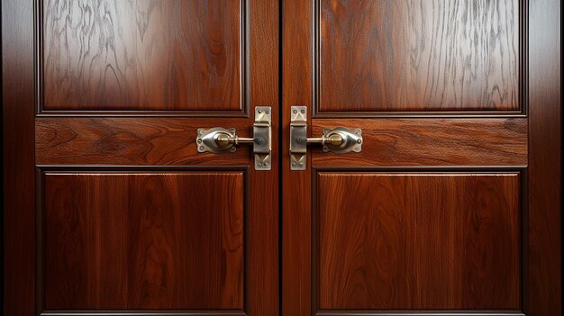 a wooden door with gold hinges is open to a dark wood paneled wall.