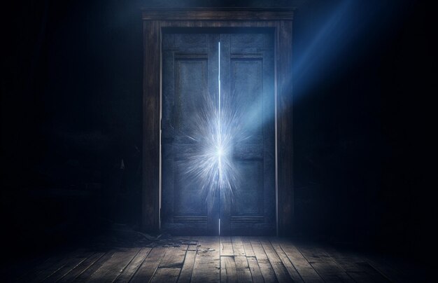 Wooden door with light rays coming out through it conceptual image
