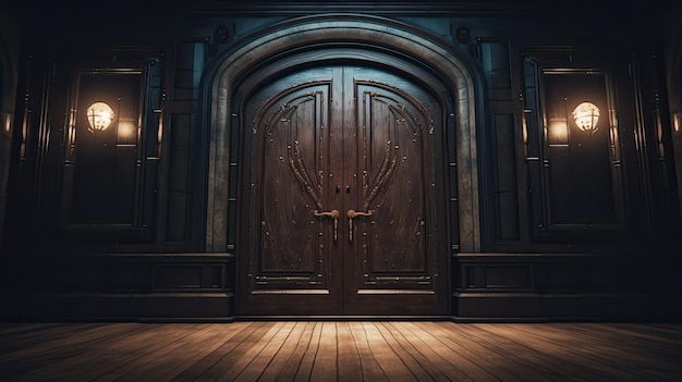 A wooden door with the lights on the left and the bottom right of the middle.