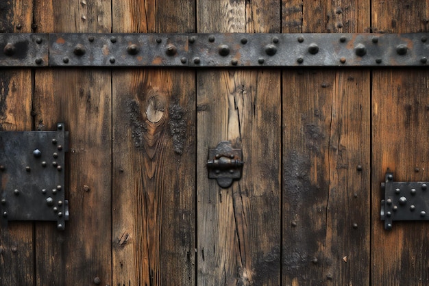 A wooden door with a metal hinge