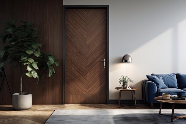 a wooden door with a silver handle is open to a potted plant